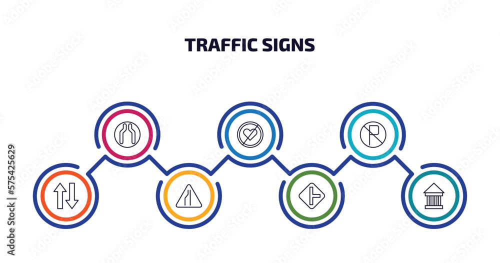 traffic signs infographic element with outline icons and 7 step or option. traffic signs icons such as narrow road, lovemaking, no parking, two ways, narrow lane, side road, museum vector. traffic signs infographic element with outline icons and 7 step or option. traffic signs icons such as narrow road, lovemaking, no parking, two ways, narrow lane, side road, museum vector.