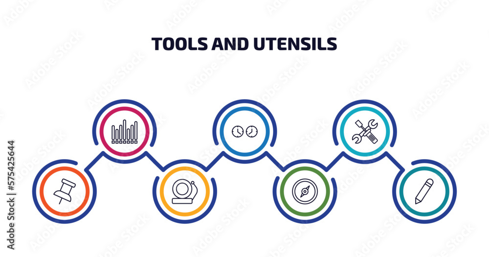 tools and utensils infographic element with outline icons and 7 step or option. tools and utensils icons such as sound wave bars, clocks, reparation, school push pin, electric bell, cardinal, pencil tools and utensils infographic element with outline icons and 7 step or option. tools and utensils icons such as sound wave bars, clocks, reparation, school push pin, electric bell, cardinal, pencil