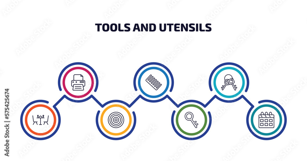 tools and utensils infographic element with outline icons and 7 step or option. tools and utensils icons such as blank paper printer, combs, key ring with two keys, dining, target circles, tiny key, tools and utensils infographic element with outline icons and 7 step or option. tools and utensils icons such as blank paper printer, combs, key ring with two keys, dining, target circles, tiny key,