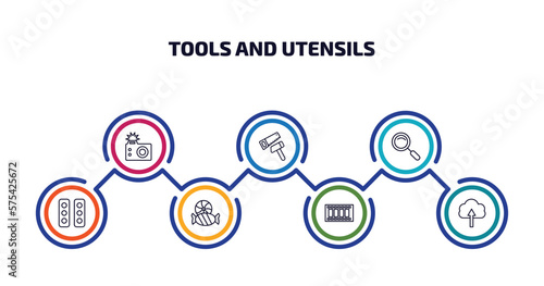 tools and utensils infographic element with outline icons and 7 step or option. tools and utensils icons such as camera with flash, carpentry, magnifier, semaphore lights, candies, film strip