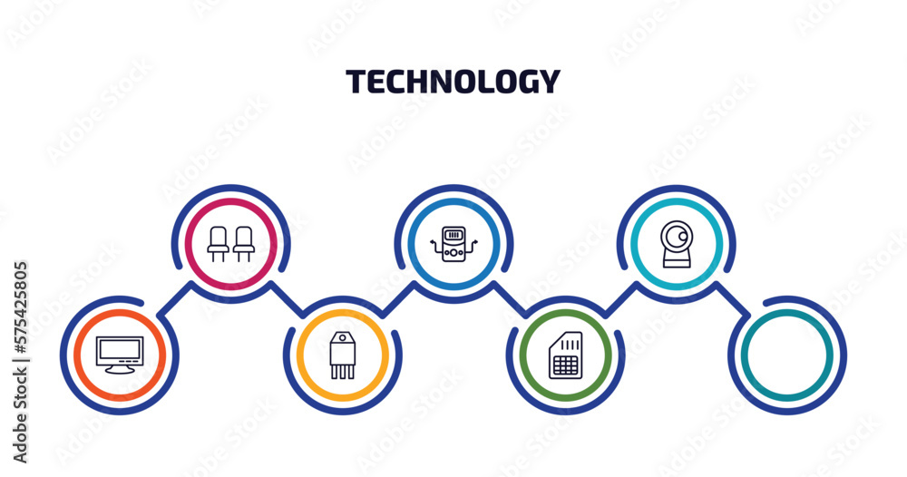 technology infographic element with outline icons and 7 step or option. technology icons such as chairs, dialysis, front webcam, big tv, transistor, basic microphone, big vector. technology infographic element with outline icons and 7 step or option. technology icons such as chairs, dialysis, front webcam, big tv, transistor, basic microphone, big vector.