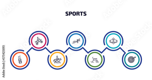 sports infographic element with outline icons and 7 step or option. sports icons such as motocross, man sprinting, two boxing gloves, drift car, horseback, skibob, bullseye vector.