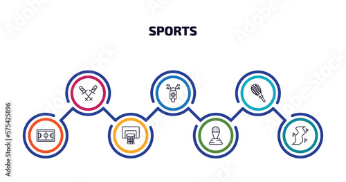 sports infographic element with outline icons and 7 step or option. sports icons such as ski poles, motor sports, squash, football pitch, basketball basket, golf champion, slalom vector.
