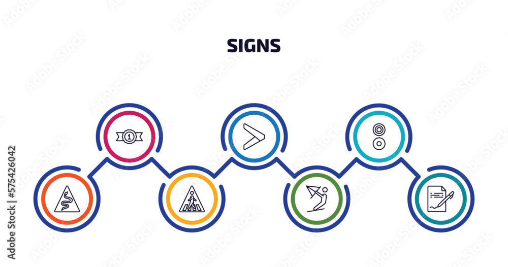 signs infographic element with outline icons and 7 step or option. signs icons such as class reward, is greater than, reason, snake, crossing, kitesurf, vector. signs infographic element with outline icons and 7 step or option. signs icons such as class reward, is greater than, reason, snake, crossing, kitesurf, vector.