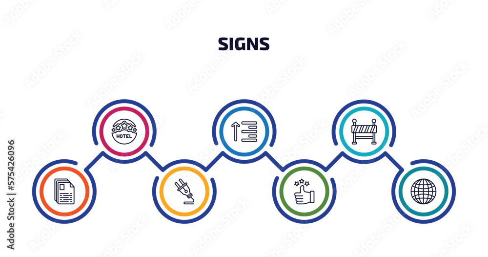 signs infographic element with outline icons and 7 step or option. signs icons such as round hotel, align, under, text documents, plug, superior, grid world vector.