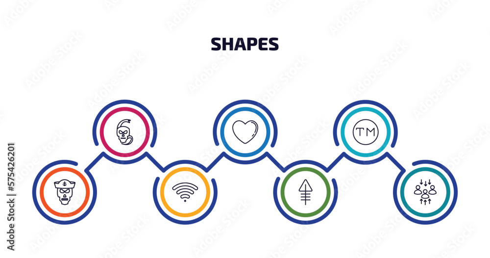 shapes infographic element with outline icons and 7 step or option. shapes icons such as skull and snake, black heart, trademark, sailor skull, wireless, phosphorus, assembly area vector. shapes infographic element with outline icons and 7 step or option. shapes icons such as skull and snake, black heart, trademark, sailor skull, wireless, phosphorus, assembly area vector.