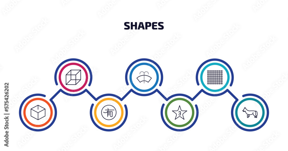 shapes infographic element with outline icons and 7 step or option. shapes icons such as geometry cube, windshield washer, dot square, blank cube, , star with number three, jackal vector.