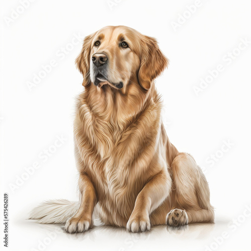 Realistic golden retriever on a white background, generative AI