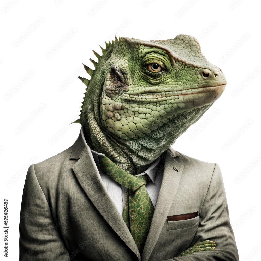 Portrait of a iguana dressed in a formal business suit on white background, transparent png, generative ai