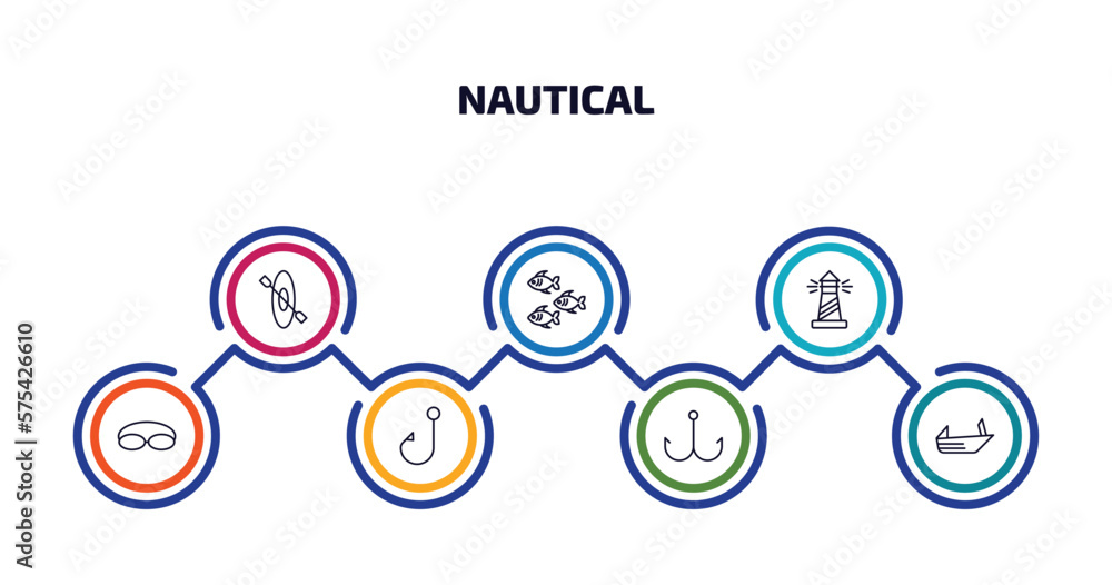 nautical infographic element with outline icons and 7 step or option. nautical icons such as one kayak, fishes, lighthouse, swimming glasses, bait, fishing hook, roofless speed boat vector. nautical infographic element with outline icons and 7 step or option. nautical icons such as one kayak, fishes, lighthouse, swimming glasses, bait, fishing hook, roofless speed boat vector.