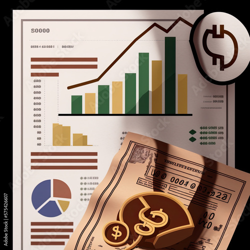 A business document with a bar and line graph with text, and coins and bills.  Concept of economy, investment, market, strategy, financial analysis, reporting, inflation,  photo