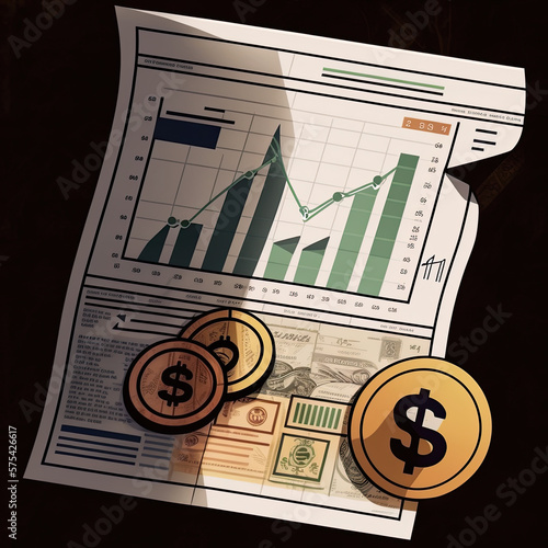 A business document with a bar and line graph with text, and coins and bills.  Concept of economy, investment, market, strategy, financial analysis, reporting, inflation,  photo