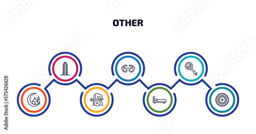 other infographic element with outline icons and 7 step or option. other icons such as flatiron, vintage eyeglasses, baby's rattle, mosque moon and star, wood cutter, sleeping bed, roulette table