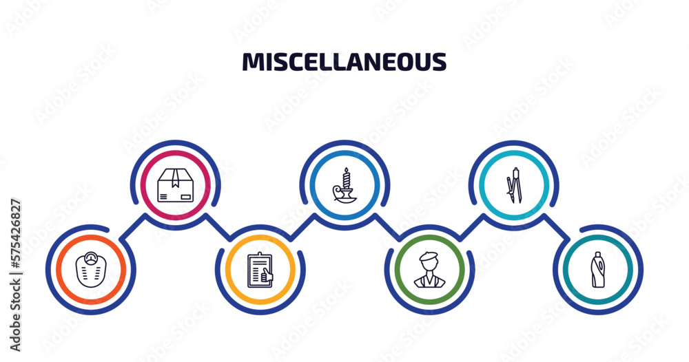 miscellaneous infographic element with outline icons and 7 step or option. miscellaneous icons such as product, candlestick, school compass, body weight, enlist, swiss, detergen vector. miscellaneous infographic element with outline icons and 7 step or option. miscellaneous icons such as product, candlestick, school compass, body weight, enlist, swiss, detergen vector.