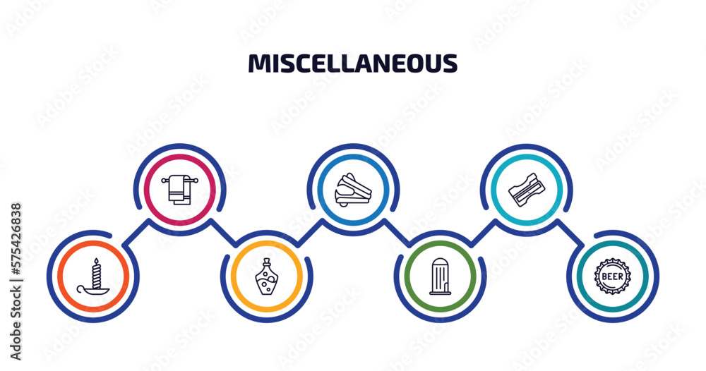 miscellaneous infographic element with outline icons and 7 step or option. miscellaneous icons such as towel rack, stapler remover, sharpen, candlesticks, alchemy, granary, beer cap vector.