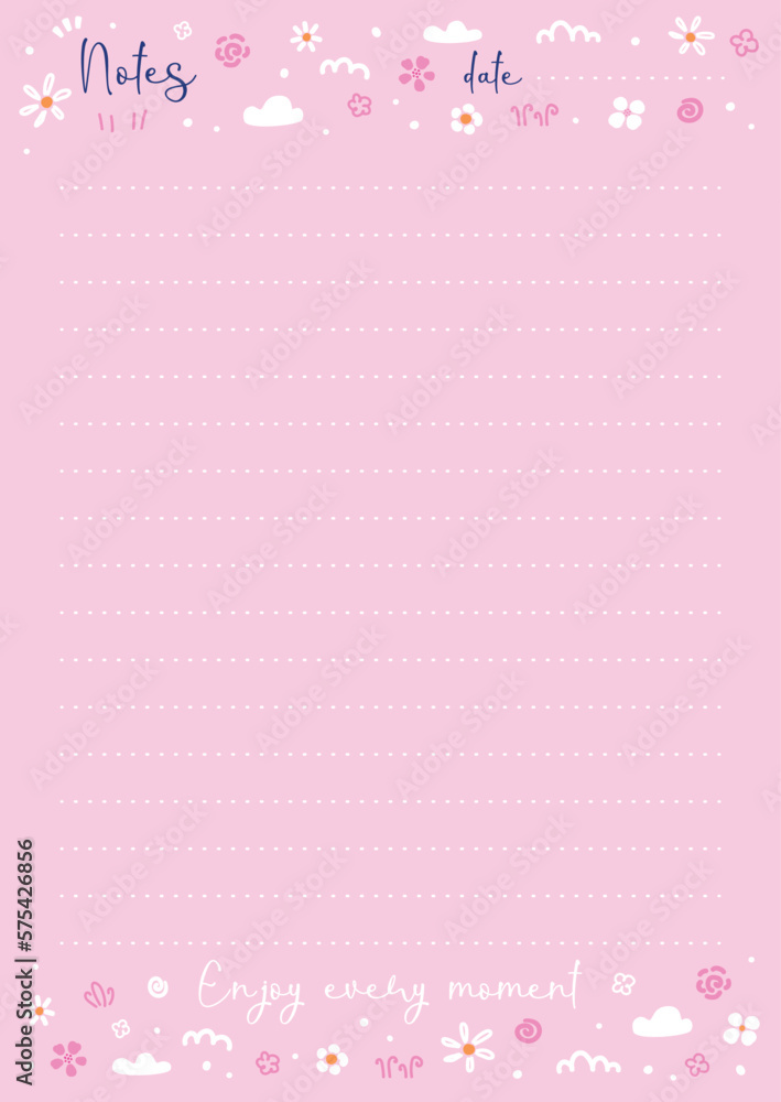 Vector illustration of note pad page with lines and flowers on pink background. Cute spring every day sheet for women or girls Vector illustration of note pad page with lines and flowers on pink background. Cute spring every day sheet for women or girls