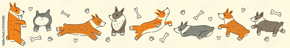 Horizontal collection with a group of corgi dogs drawn by hand in the style of a doodle Horizontal collection with a group of corgi dogs drawn by hand in the style of a doodle