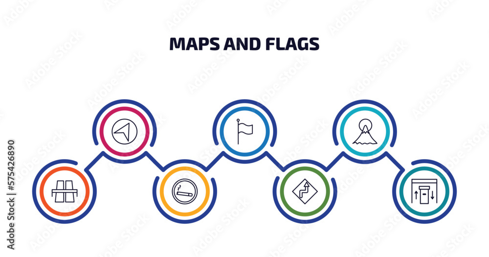 maps and flags infographic element with outline icons and 7 step or option. maps and flags icons such as navigate, plain flag, mount fuji, flyover bridge, smoke zone, curves ahead, inmigration check