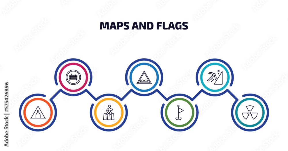 maps and flags infographic element with outline icons and 7 step or option. maps and flags icons such as rail crossing, speed breaker, mining work zone, narrow two lanes, crossing road caution, maps