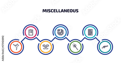 miscellaneous infographic element with outline icons and 7 step or option. miscellaneous icons such as evaluate, abstract, room door, muay thai, fun glasses, carpet beater, flame thrower vector.