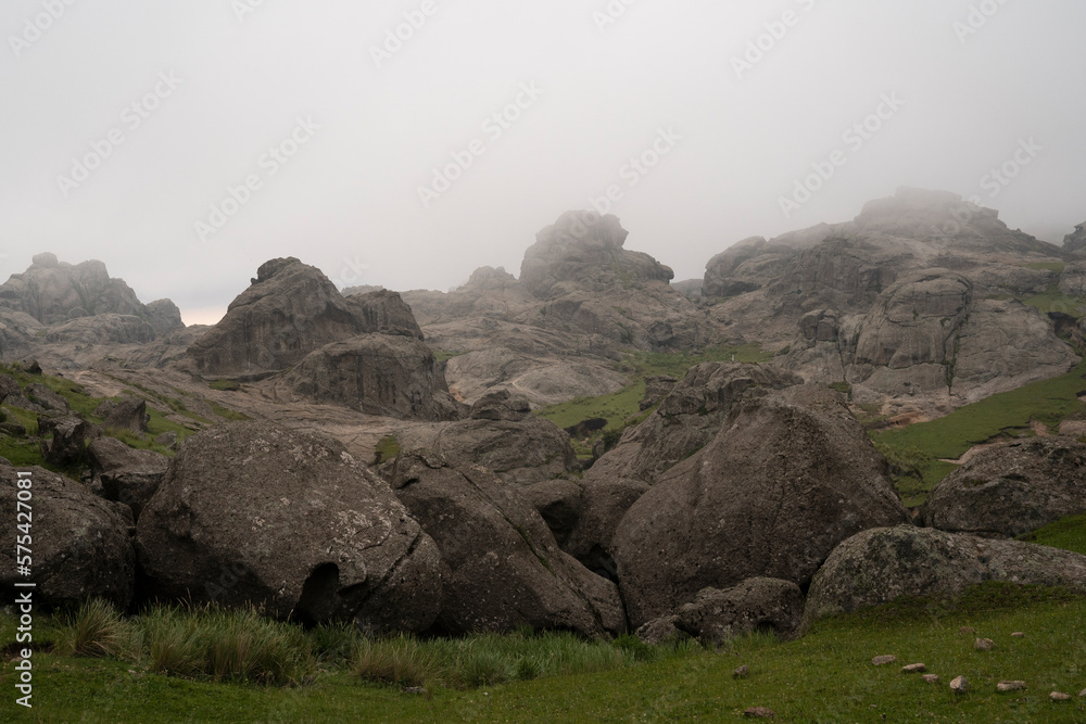 View of The Giants rock massif in Cordoba, Argentina, in a foggy morning.