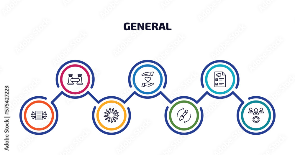 general infographic element with outline icons and 7 step or option. general icons such as pair of binoculars, heart between hands, marketing plan, smart contract, outsourcing, brush history,