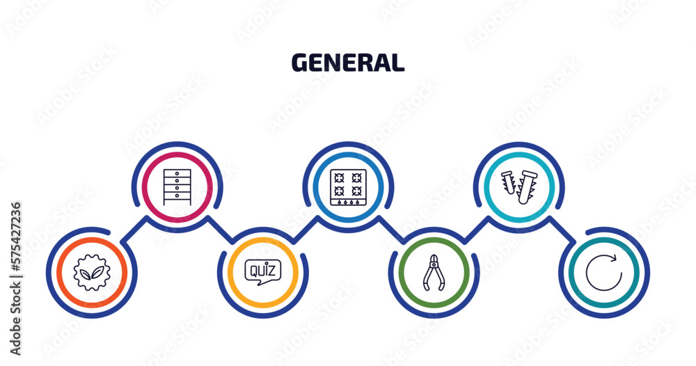 general infographic element with outline icons and 7 step or option. general icons such as office cabinet, hob, dyupel, go green badge, quiz, nippers, clockwise vector.