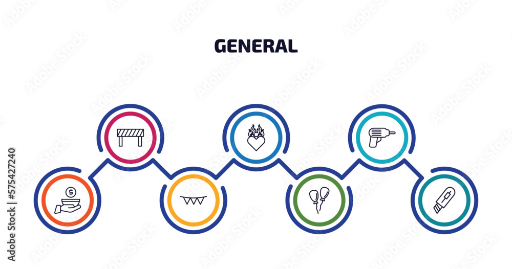 general infographic element with outline icons and 7 step or option. general icons such as traffic barriers, heart in flames, perforator, poor, party decoration, floating balloons, stationery knife general infographic element with outline icons and 7 step or option. general icons such as traffic barriers, heart in flames, perforator, poor, party decoration, floating balloons, stationery knife