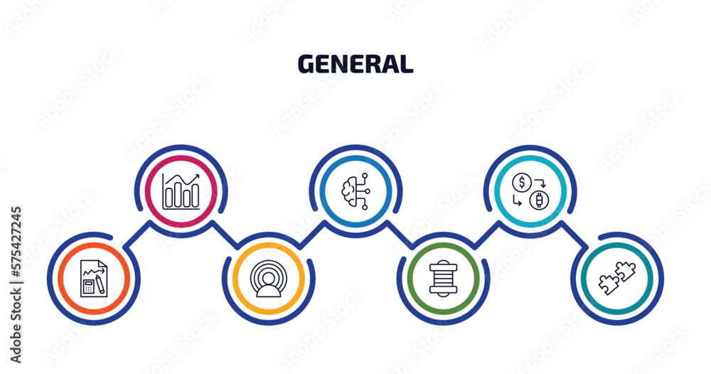 general infographic element with outline icons and 7 step or option. general icons such as business performance, business intelligence, crypto-exchange, ecommerce strategy, brand awareness,