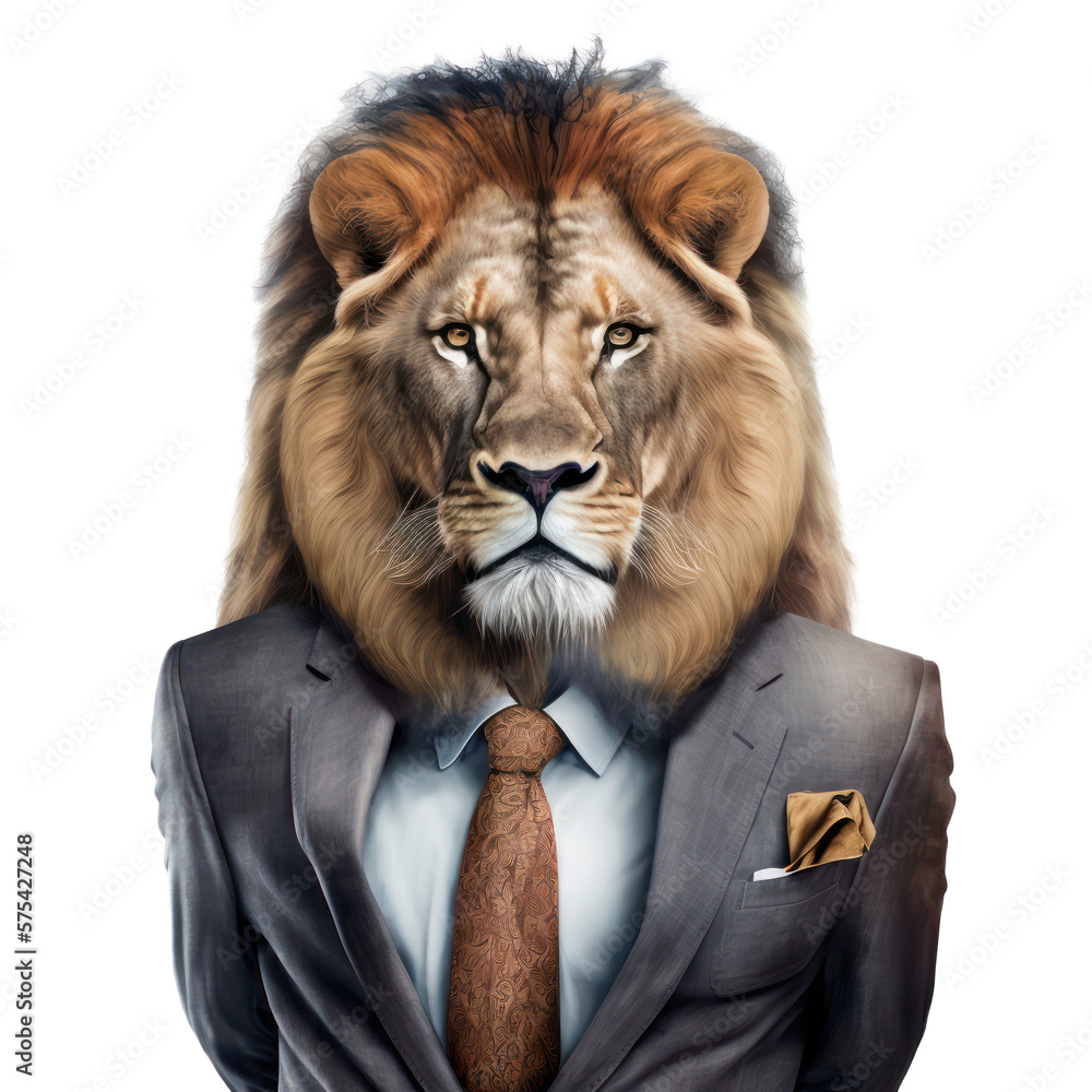 Portrait of a lion dressed in a formal business suit on white ...