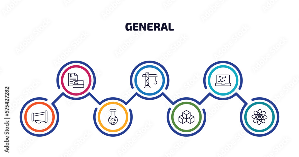 general infographic element with outline icons and 7 step or option. general icons such as credit report, building crane, digital strategy, agitation, chemical lab, ar platform, big data scientist general infographic element with outline icons and 7 step or option. general icons such as credit report, building crane, digital strategy, agitation, chemical lab, ar platform, big data scientist