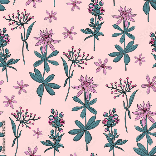 forest herbs, twigs seamless pattern. Wildflowers, summer background, hand drawn ink drawing