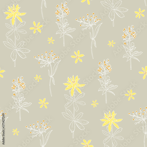 forest herbs, twigs seamless pattern. Wildflowers, summer background, hand drawn ink drawing