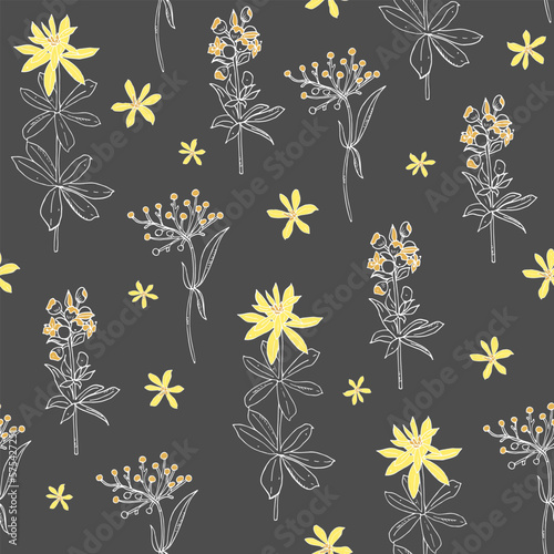 forest herbs, twigs seamless pattern. Wildflowers, summer background, hand drawn ink drawing