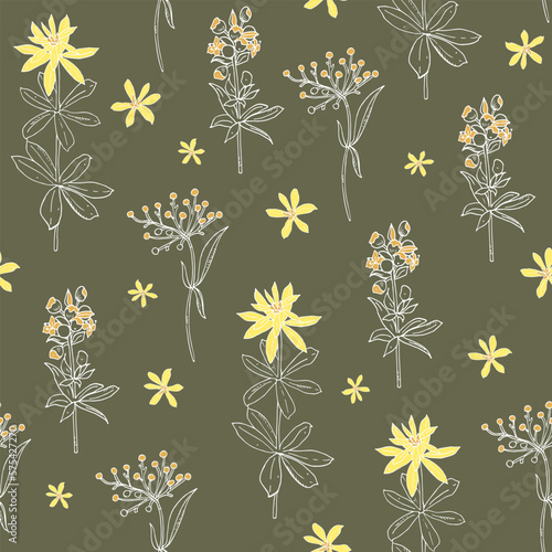 forest herbs, twigs seamless pattern. Wildflowers, summer background, hand drawn ink drawing