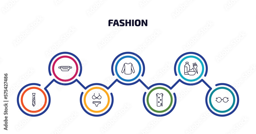 fashion infographic element with outline icons and 7 step or option. fashion icons such as belt pouch, long sleeves, hair dye, stripped tie, swimwear, tunic, eyewear vector.