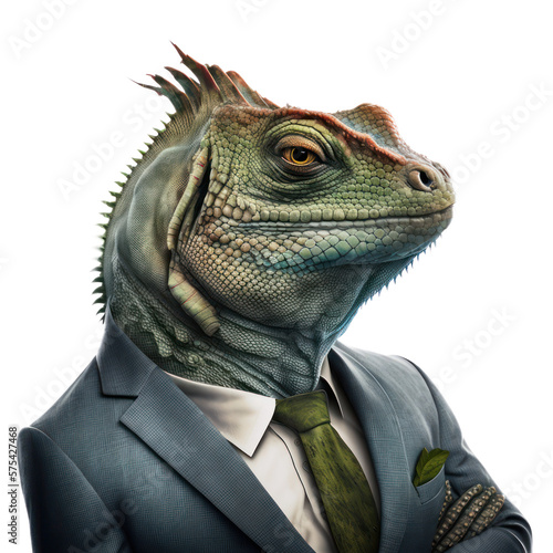 Portrait of a chameleon dressed in a formal business suit on white background, transparent png, generative ai