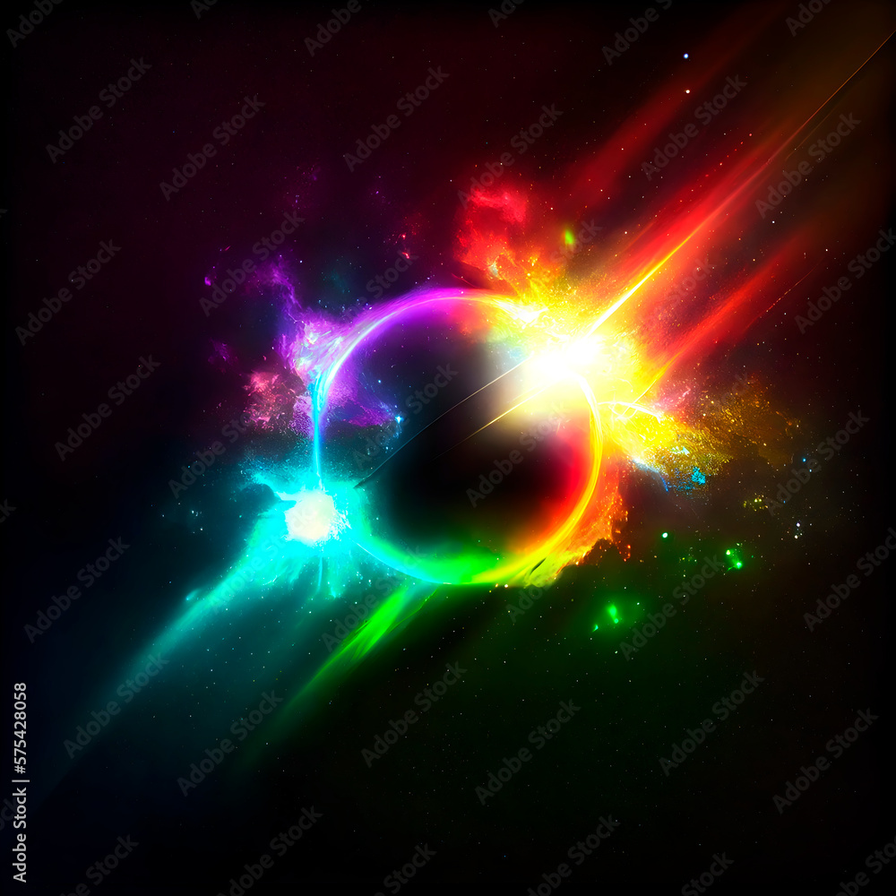 Obraz premium Bright glare and light, the effect of a lens in space on a black background. Saturated colors, flashes of light in the dark, reflections and rays. Lens flare, sparkles and shine.
