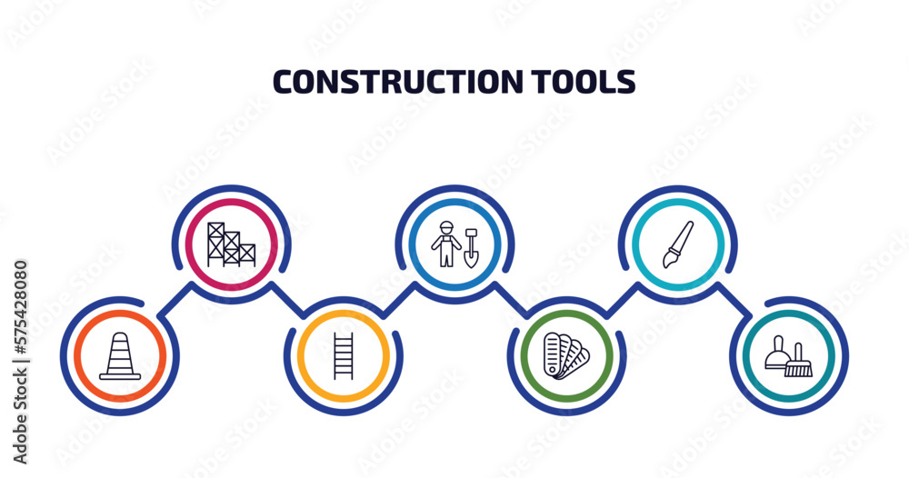 construction tools infographic element with outline icons and 7 step or option. construction tools icons such as scaffolding, working shovel, paint brush, road construction, ladder, pantone, dustpan construction tools infographic element with outline icons and 7 step or option. construction tools icons such as scaffolding, working shovel, paint brush, road construction, ladder, pantone, dustpan