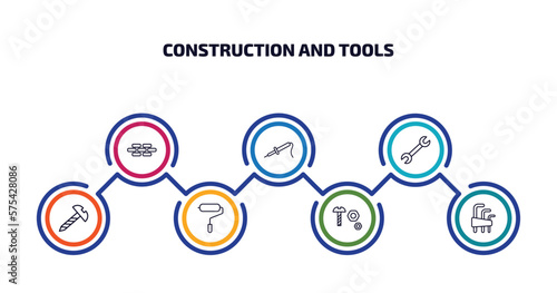 construction and tools infographic element with outline icons and 7 step or option. construction and tools icons such as brick, iron soldering, repair wrench, screw, paint roller, nuts bolts, allen