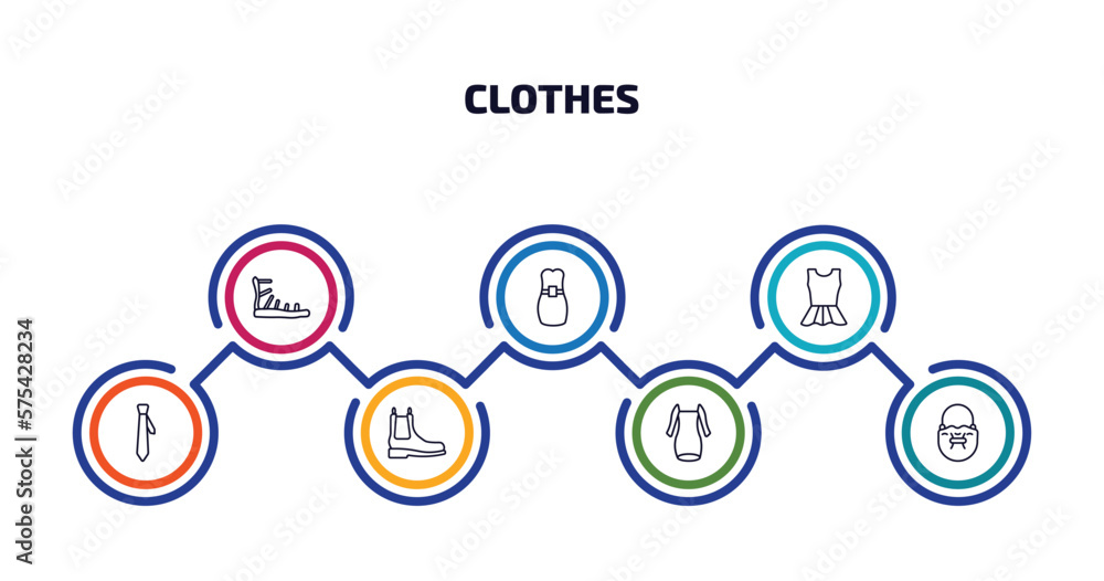 clothes infographic element with outline icons and 7 step or option. clothes icons such as gladiator sandal, long bandeau dress, peplum top, tie, leather chelsea boots, long sleeveless dress, bucket