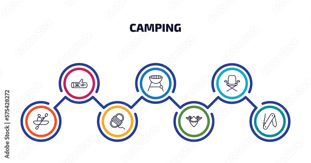 camping infographic element with outline icons and 7 step or option. camping icons such as log, grill, chair, rafting, rope, hunting trophy, swiss knife vector. camping infographic element with outline icons and 7 step or option. camping icons such as log, grill, chair, rafting, rope, hunting trophy, swiss knife vector.