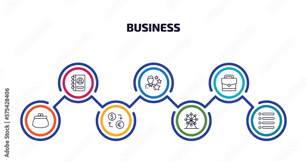 business infographic element with outline icons and 7 step or option. business icons such as address book, expert, business briefcase, coin purse, currency exchange, big wheel, lines vector. business infographic element with outline icons and 7 step or option. business icons such as address book, expert, business briefcase, coin purse, currency exchange, big wheel, lines vector.
