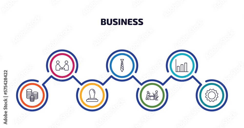 business infographic element with outline icons and 7 step or option. business icons such as men shaking hands, black tie, graphic chart, stacks of coins, rubber stamp, boss reading a document, tool