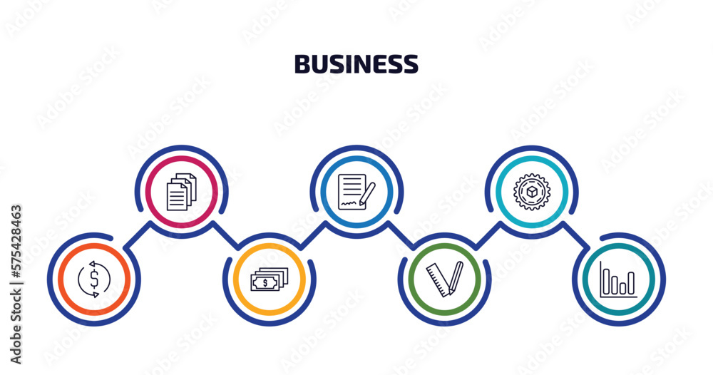 business infographic element with outline icons and 7 step or option. business icons such as paper graphic, , proof of work, money convert, dollar bills, maths tool, bar diagram vector.