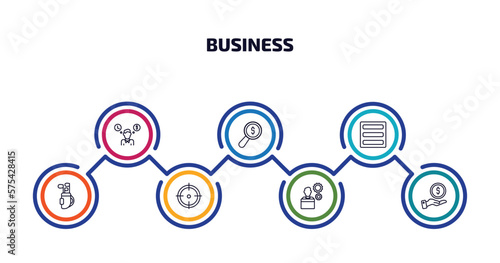 business infographic element with outline icons and 7 step or option. business icons such as worker money time, money finder, basic burger, golf sticks, target, employee going to work, give money