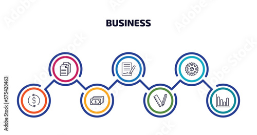 business infographic element with outline icons and 7 step or option. business icons such as paper graphic, , proof of work, money convert, dollar bills, maths tool, bar diagram vector.