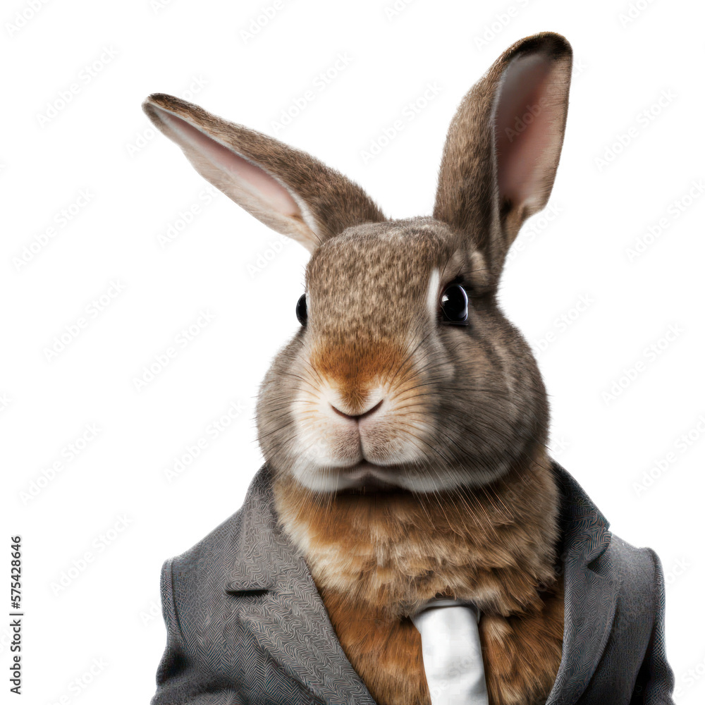 Portrait of a rabbit dressed in a formal business suit on white background, transparent png, generative ai