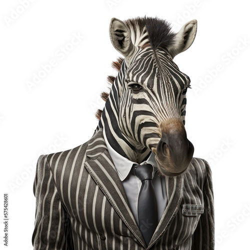 Portrait of a zebra dressed in a formal business suit on white background  transparent png  generative ai