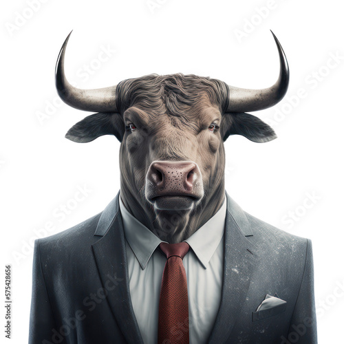 Portrait of a bull dressed in a formal business suit on white background, transparent png, generative ai